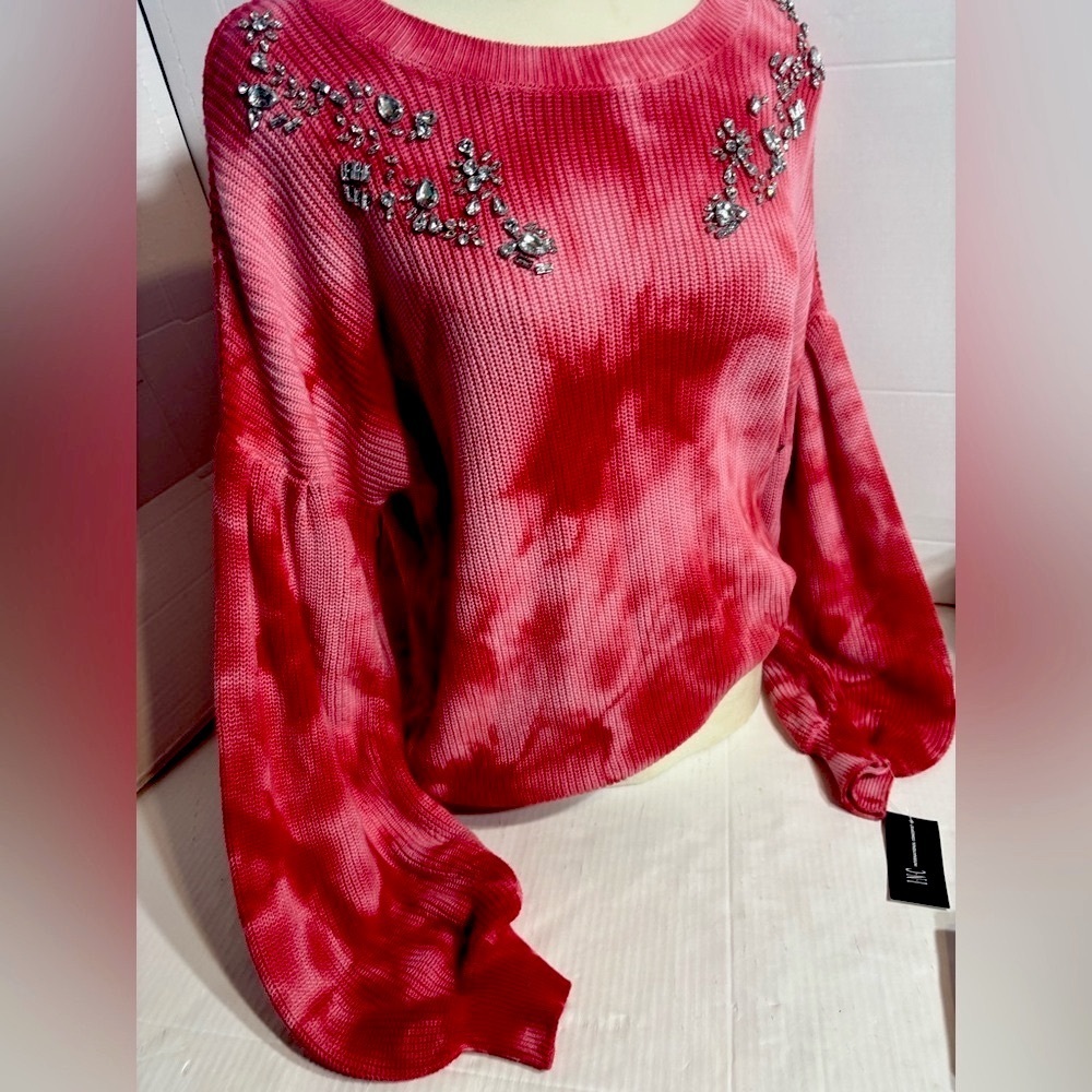 NWT INC Red Tie-Dye Embellished Lantern Sleeve Sweater Pullover XL